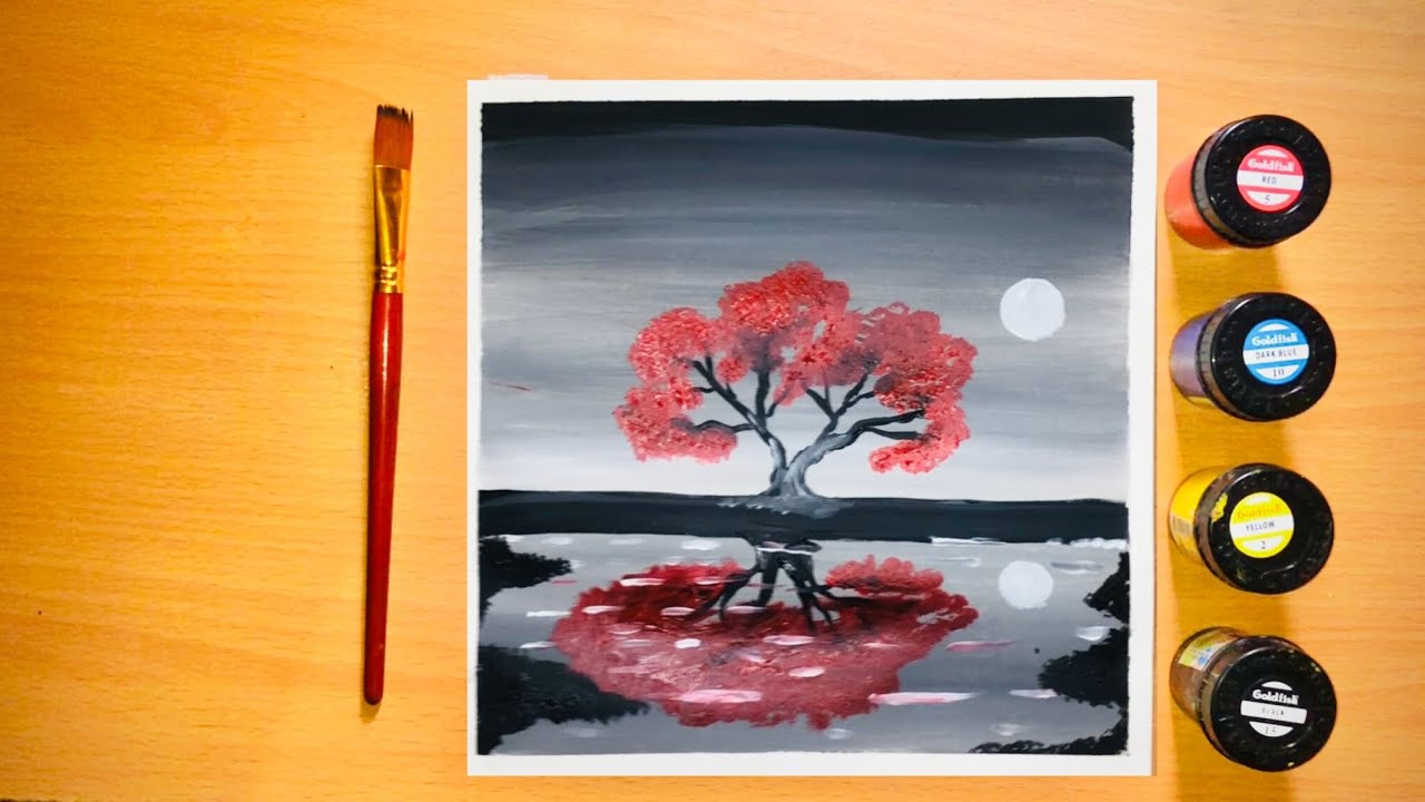 Easy Red Tree Moonlight  Painting for Beginners | Acrylic painting step by Step| poster colors 