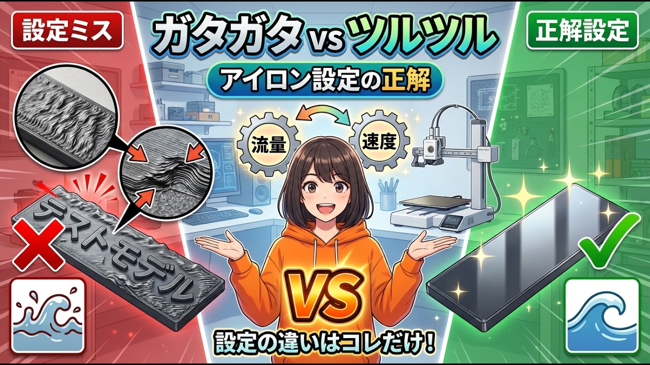 【3Dプリンター】ガタガタの表面とおさらば！アイロニング設定の罠とキャリブレーション方法【A1 mini】