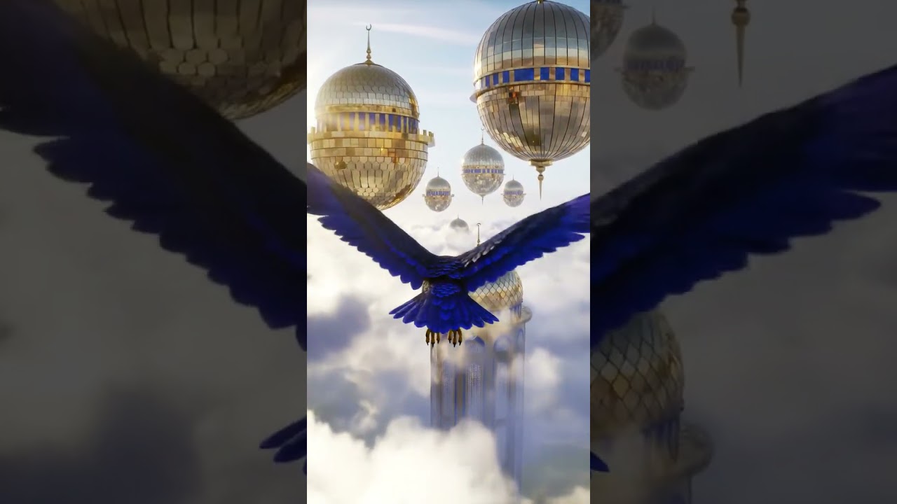 Sapphire Eagle Gliding Over Glowing Mosques 🌌 | Heavenly Islamic Sky 4K
