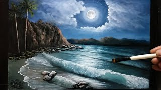 How to paint this landscape ,beautiful full moon on the sea?|Oil Painting|Time Lapse|MA63