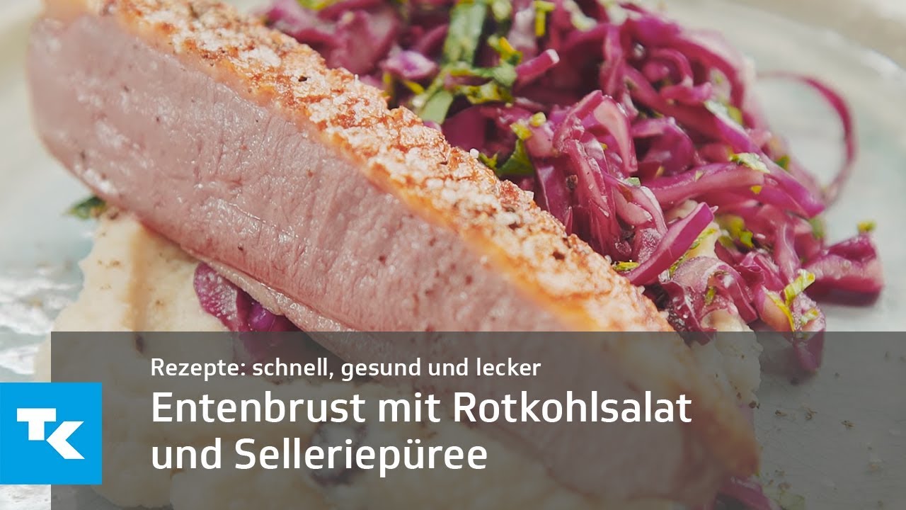 Entenbrust mit Rotkohlsalat und Selleriepüree mit getrockneten Kirschen ...