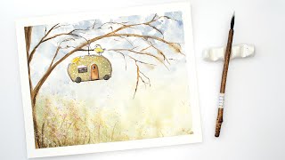 Watercolor bird house on the tree - painting tutorial for beginners + FREE sketch