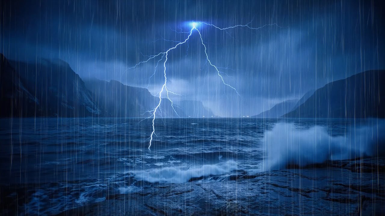 A Dark Screen Ambience with Ocean Thunder and Constant Rain Sounds for Sleeping Deeply