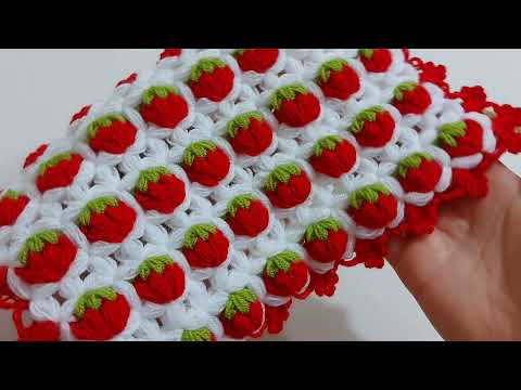 🍓Kolay Çilek Tarlası Kare Lif Modeli Yapımı /🍓 Lif İpinden Yeni 3D Örgü Bebek Battaniyesi Modelleri