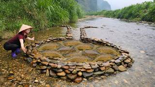 A unique fishing technique. Stacking stones on top of each other to create a maze for catching fish