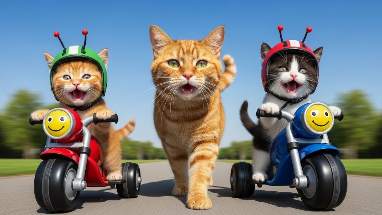 Mama Cat Teach kittens to Wear a Helmet | kittens learn how to ride safely | kittens Safety Story