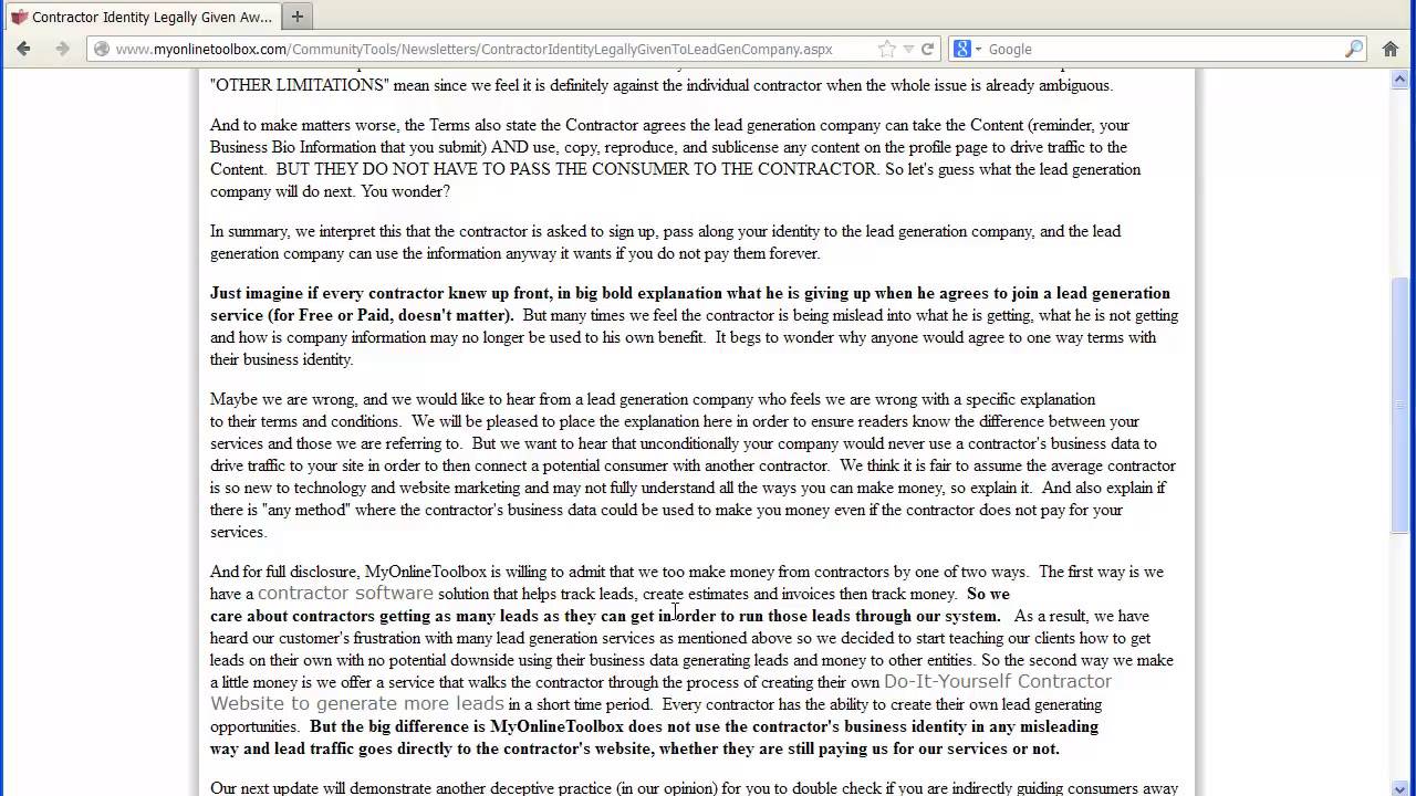 Contractor Lead Generation Legally Gives Website Identity Away