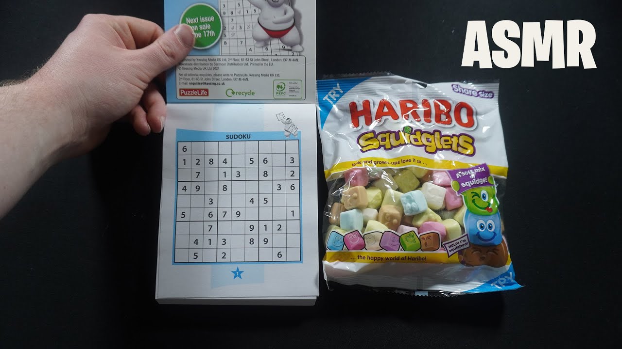 ASMR: HARIBO GUMMY SWEETS & SUDOKU PUZZLE SOLVING - CANDY EATING SOUNDS - SOFT WHISPERS - MUKBANG
