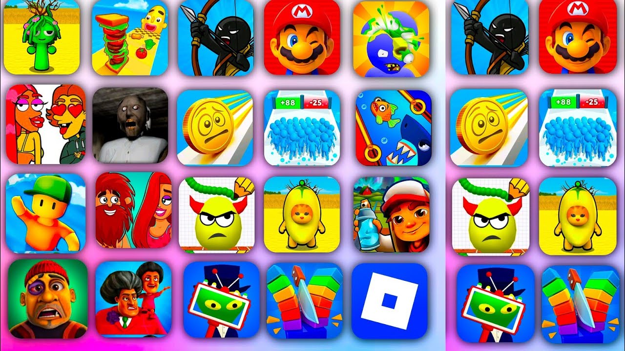 Minecraft, Bowmasters, Zombies Tsunami, Hcr 2, Granny, Stick War Legacy, Scary Teacher 3D, Roblox