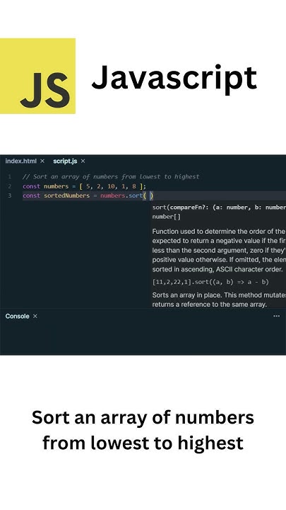 Sort an array of numbers from lowest to highest using Javascript - YouTube