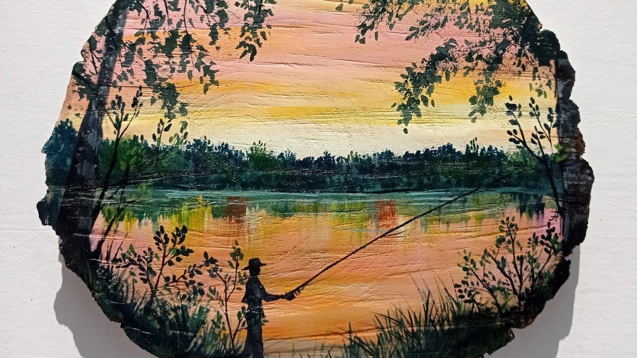 Рыбак🎣Дерево, акрил ø25 #живопись#люблюприроду#закат#рыбалка#summer# ...