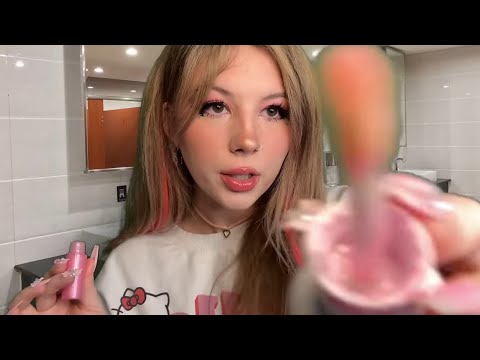 ASMR| HELLO KITTY GIRL🎀 Does Your Makeup In The School Bathroom (Makeup, Nails, Hair)