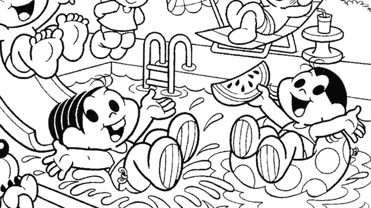 Turma da Monica na piscina Colorir Desenhos da Turma da Mônica Crianças  brincando Cartoons 