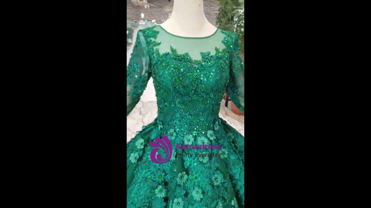 Dark Green Tulle Long Sleeve Gold Lace Appliques Beading Luxury Wedding Dress