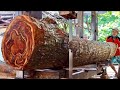 Amazing!! Long Mahogany Logs Split Into Precise and Neat Planks