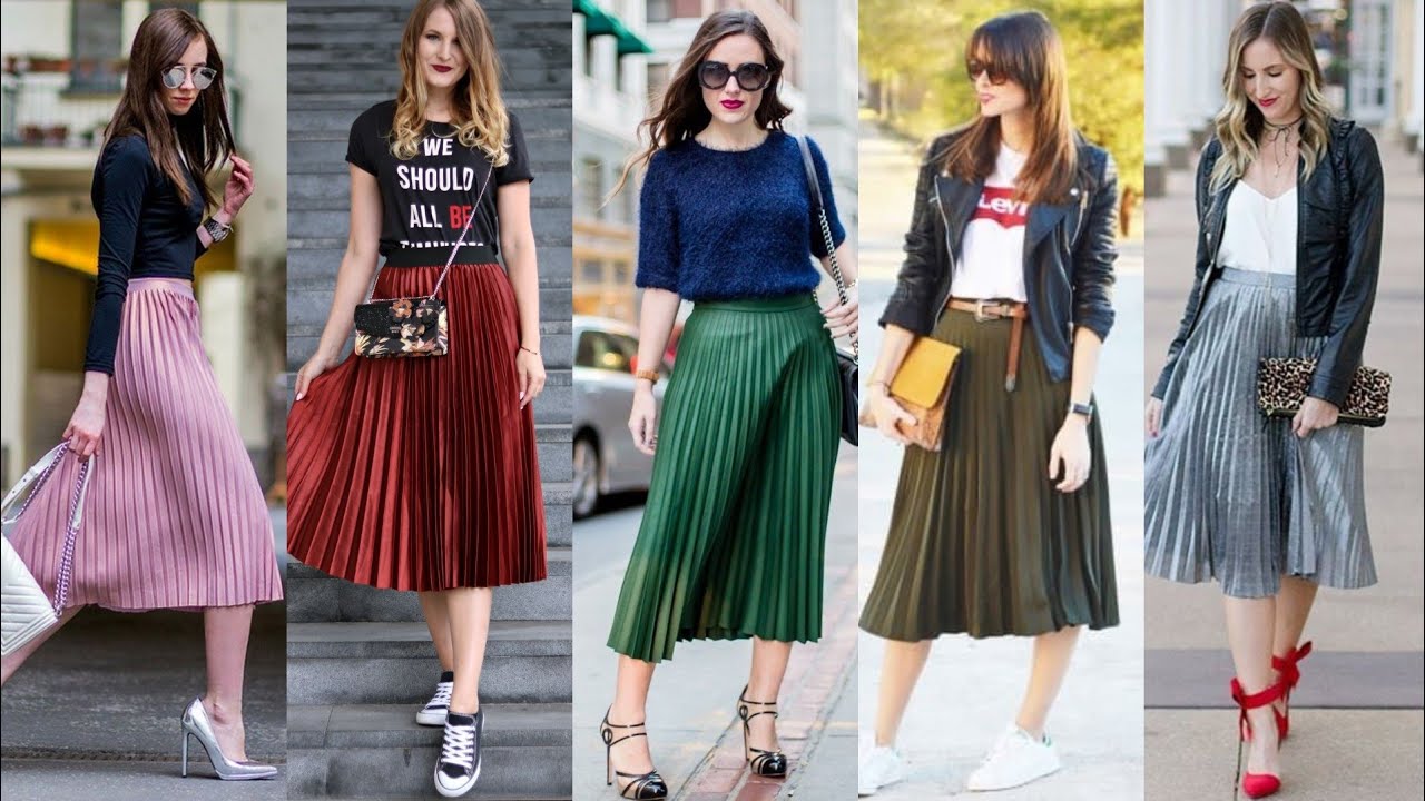 Plain satin/silk pleated midi Skirts outfits designs #how to style silk ...
