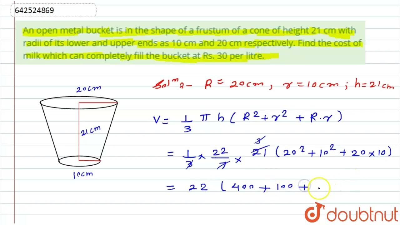 An open metal bucket is in the shape of a frustum of a cone of height