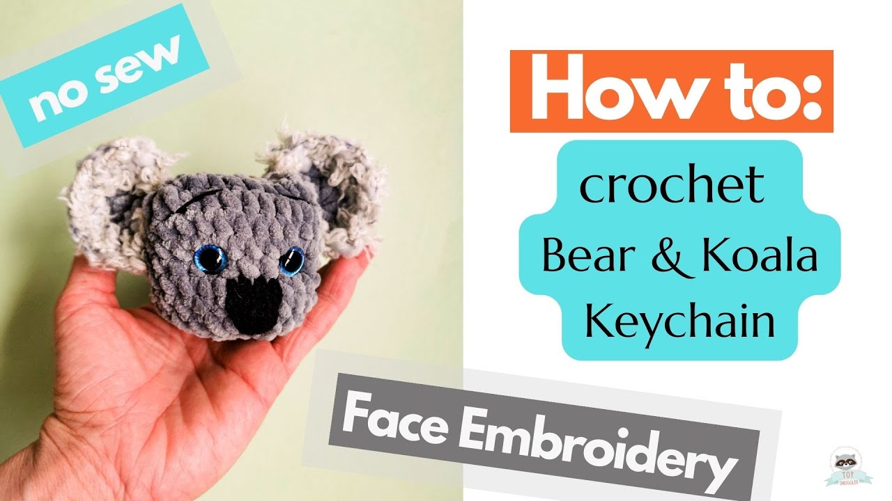 (A^^):ハンドメイド　ダーニング刺繍指人形　ぞう・カバ・コアラ 4. Bear-Koala Keychain - Face Embroidery. Crochet amigurumi