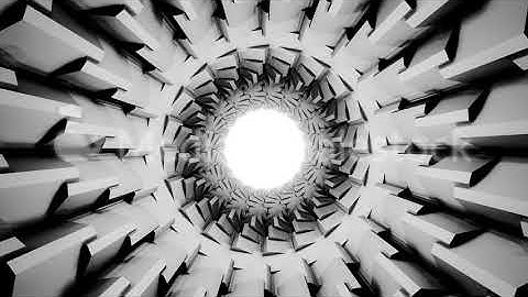 Abstract travel inside black and white tube with spinning geometric figures as its shell, seamless