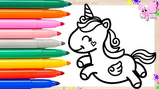 Easy Unicorn Drawing and Coloring Animation for Kids Toddlers Preschoolers #pinkbutterflyart