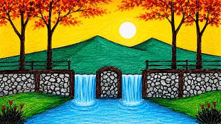 Oil Pastel Drawing | How To Draw Mountain and Waterfall at Sunset Scenery _ Easy Scenery Drawing