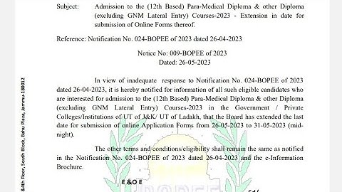JKBOPEE EXTENDED LAST DATE FOR 12TH BASED DIPLOMA COURSES CHECK OFFICIAL NOTIFICATION