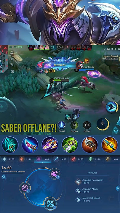 Maniac!! Saber Best Build Offlane (Part 15) - MLBB #gameplayproplayer #saber #MLBB