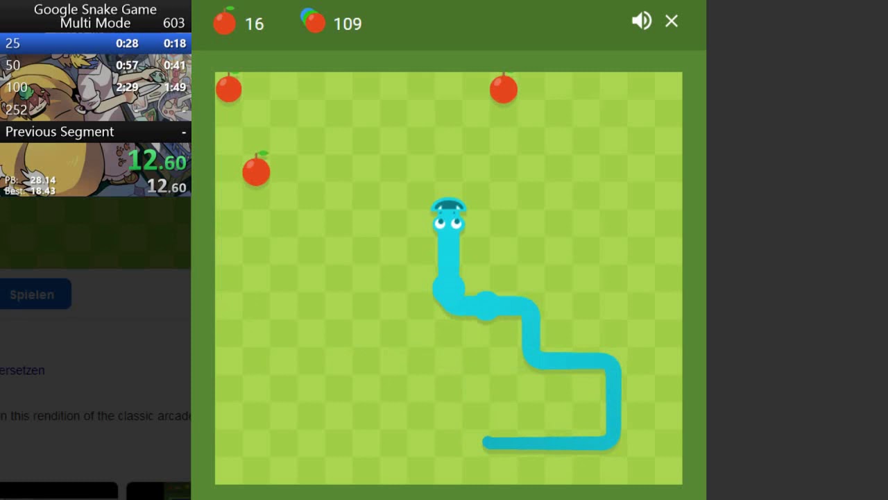 Google Snake Game 69 apples in dimension mode speedrun in 6:09.619 