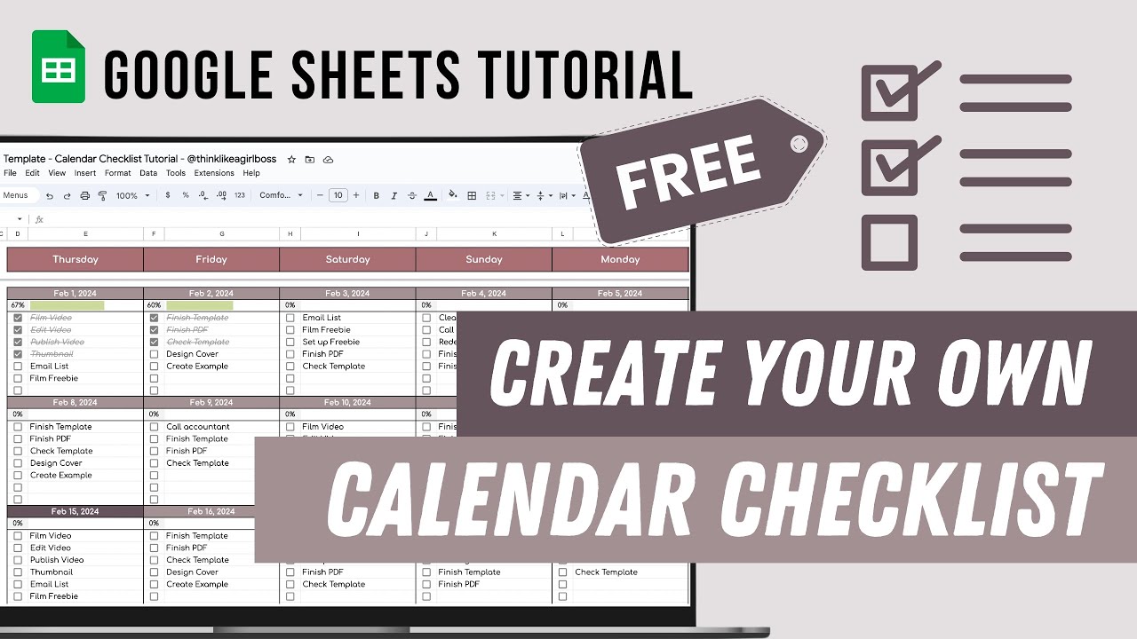 Calendar Checklist Tutorial - How to make a Calendar To-Do List FREE Google Sheets Template
