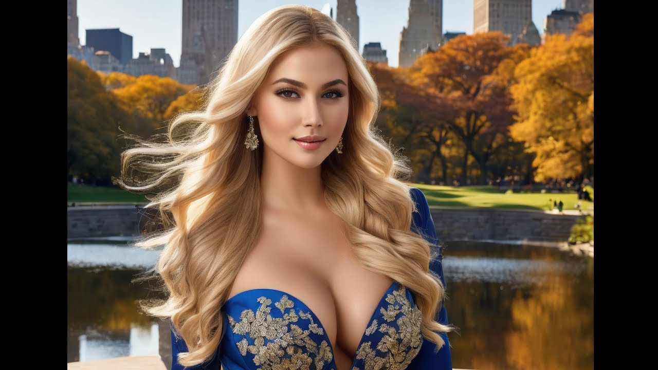 AI Romantic Dreams - Sexy Beautiful Curvy Blond Woman walks in Central Park.