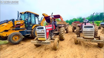 Jcb 3dx Backhoe Loader Machine Loading  Mud  in Mahindra 265 Di and Massey Ferguson 7250 Di Tractor