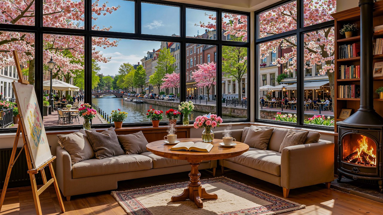 Cozy Coffee Shop Jazz with Canal View | Soft Jazz Piano and Fireplace Ambience for Study & Relax