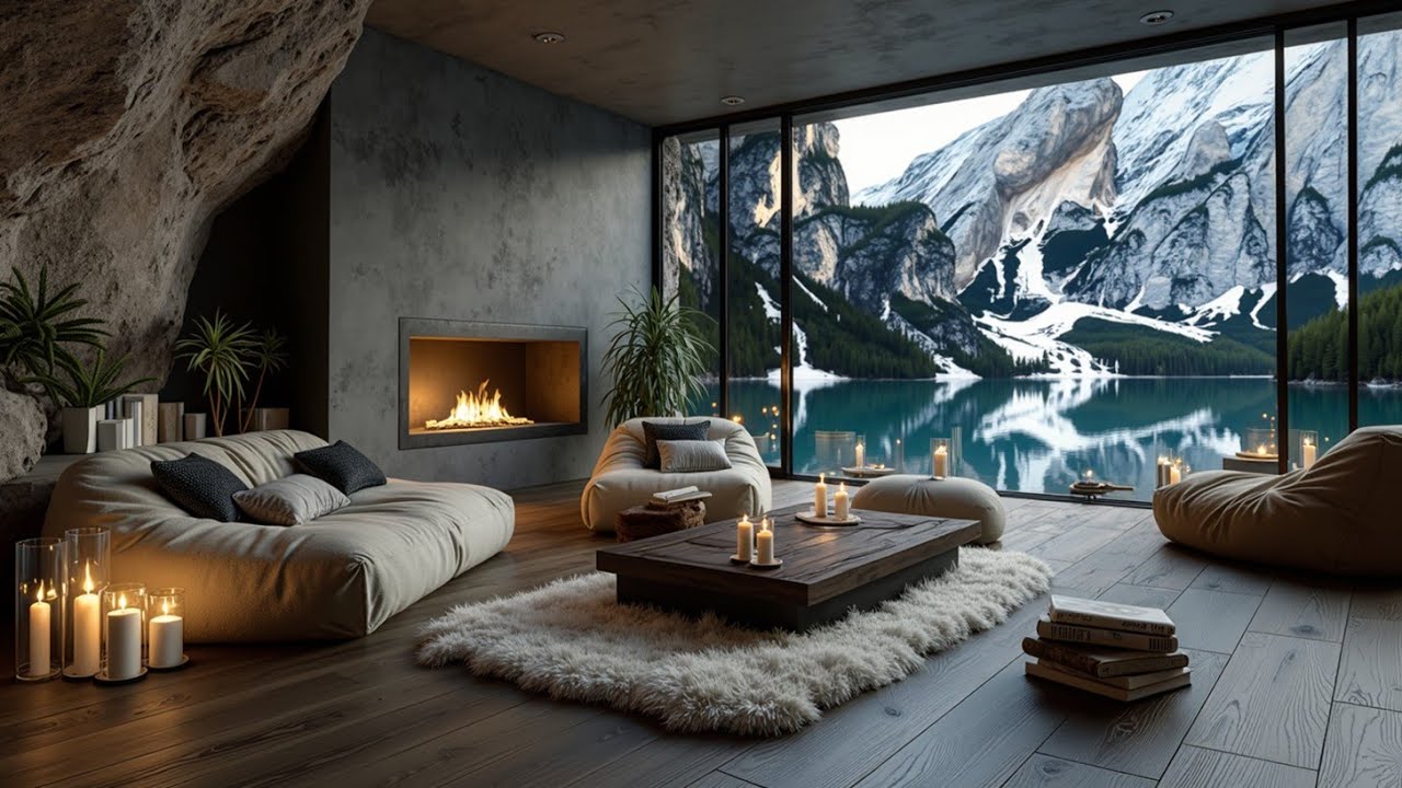 Ethereal Jazz Music for Deep Relaxation ~ Cozy Fireplace Ambience & Lake View Chillout Vibes