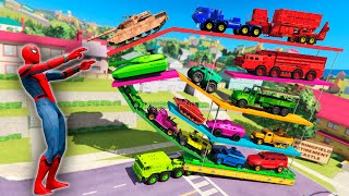 Colored Spiderman &amp; Super Heroes  Loading Super CArs &amp; Big Trucks  Into A Giant Trailer