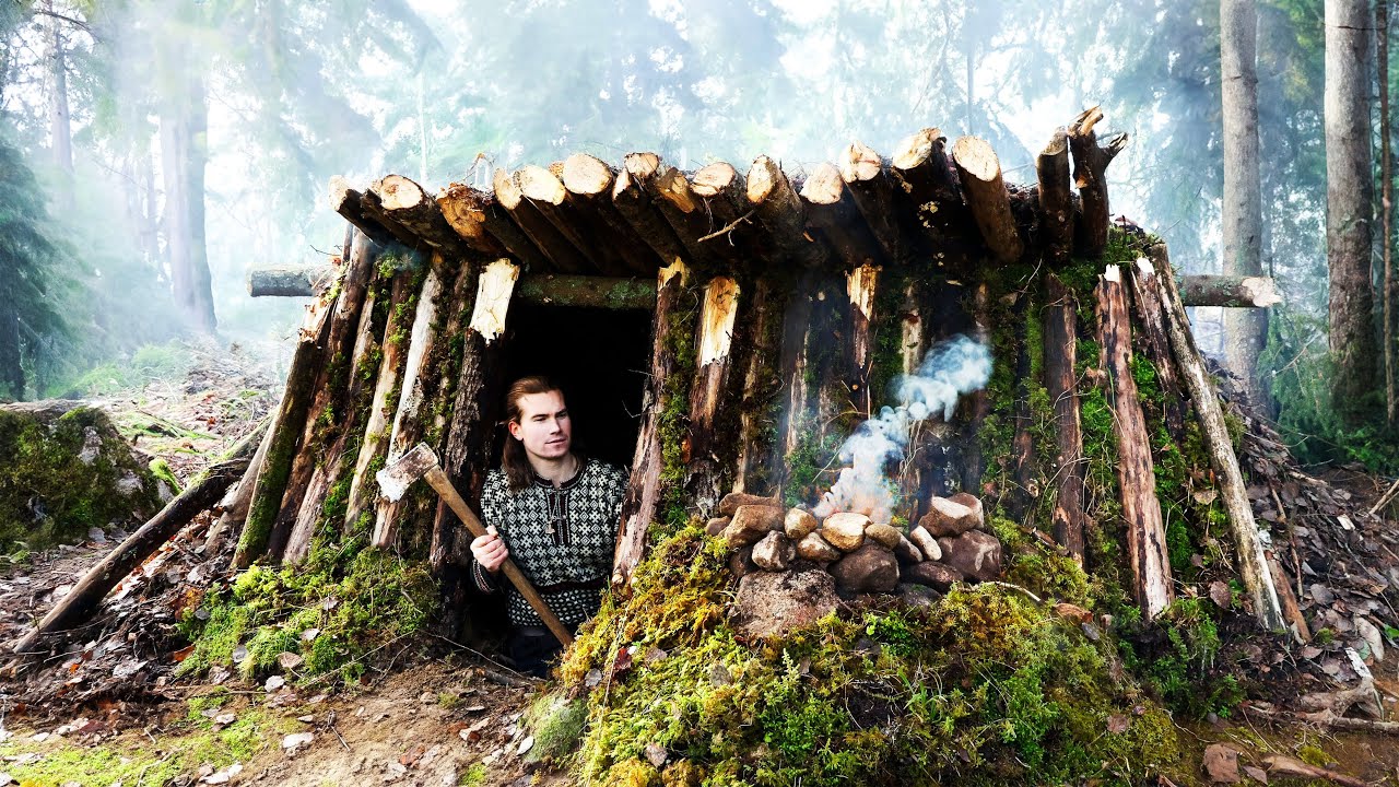 5 Day Bushcraft Build - Staying Warm in Cozy DUGOUT SHELTER - YouTube