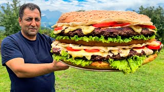 Chef Tavakkul Cooks the World's Biggest Burger! Juicy Beef Cutlet On Fire in Wild Mountains