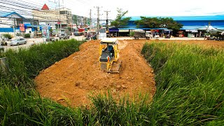 New Processing On Road By Dozer Show Technique Skill Operator Push Soil Delete Grass & Dump Truck