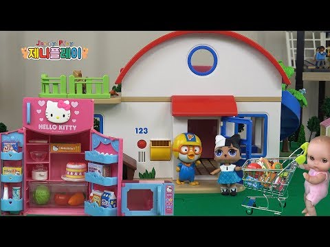 Jenny play Cute Hello Kitty Refrigerator & Microwave dolls toys 헬로키티 키친 주방놀이 베랭구어 베이비와 뽀로로 플레이모빌 하우스