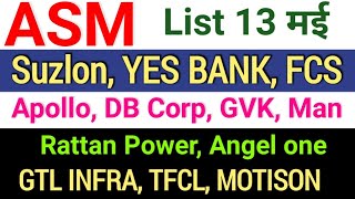 asm list update today ◾ suzlon. yes bank. FCS. Rattan Power. angel. GTL. TFCL. DB CORP. gvk. Apollo