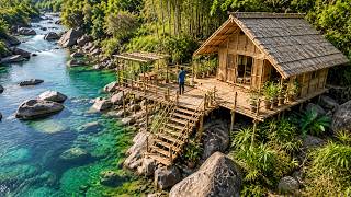 30 Days Building a Temporary Shelter on a River Cliff Using Primitive Tools, Finding Food and Water