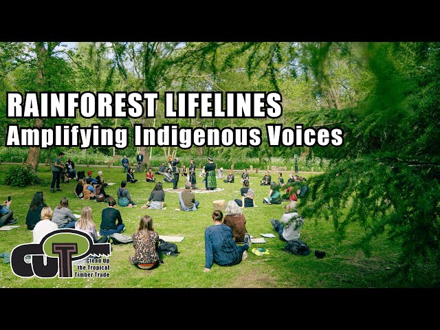 A large circle of people sit on the grass under trees holding white branches. Text reads: Rainforest Lifelines: Amplifying Indigenous Voices