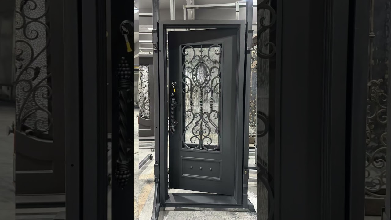 Elite Custom Door Iron Single Exterior Door with Matte Black Finish and Rain Storm Glass #irondoors