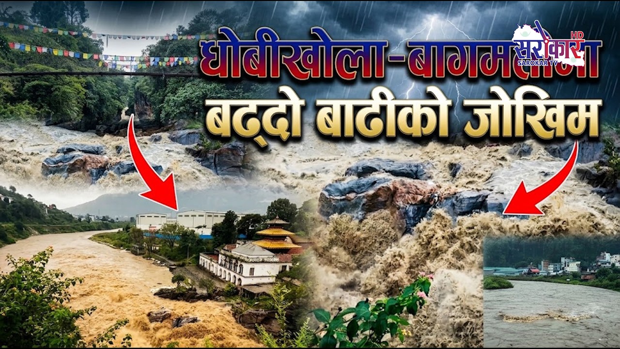 धोबीखोला–बागमतीमा बढ्दो बाढीको जोखिम चोभारसम्म पुग्दा देखिएको बाढीको अवस्था @SarokarTVHD