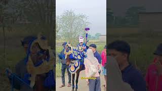 Both parents escort their children on dancing horses.