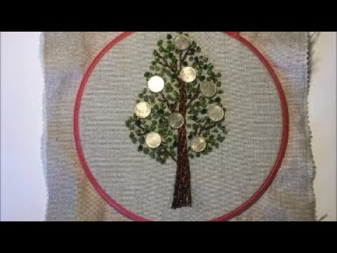 Денежное дерево вышитое атласными лентами / Money tree embroidered with satin ribbons