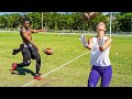 GIRLFRIEND TRIES CATCHING AN NFL PLAYER’S PUNTS.. (EXTREMELY DIFFICULT)