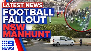 No arrests made after fans storm pitch, Killer on the run after stabbing attack | 9 News Australia
