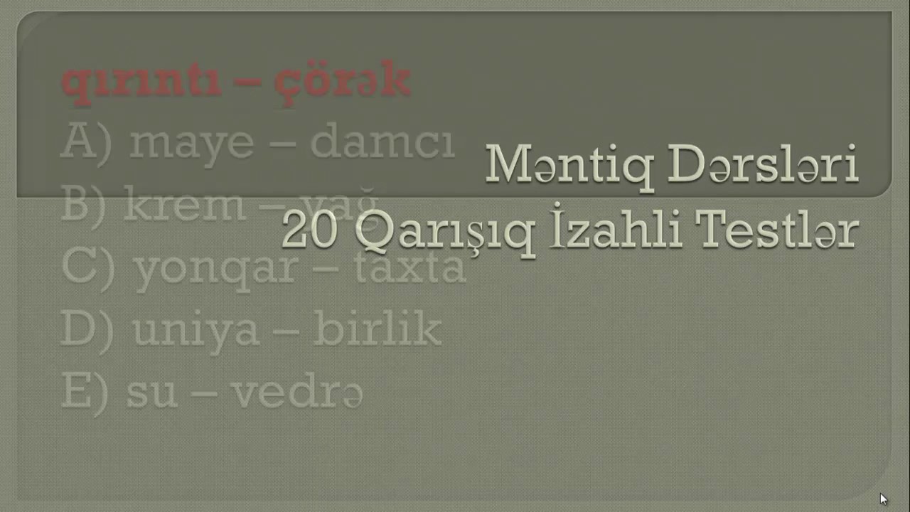 Analogiyaya görə sözlərin seçilməsine aid izahli 20 test