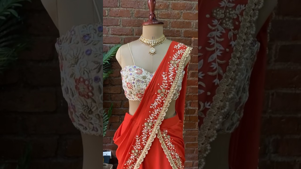 Rust pre-draped ruffle saree and beige bustier with ornate hand embroidery #saree #lehenga