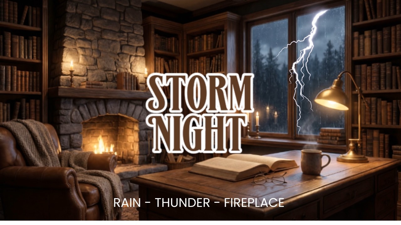 Library at Night During Thunderstorm ⚡ Rain Sounds & Fireplace Ambience 4K
